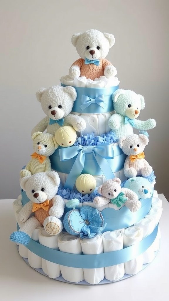 A classic blue diaper cake design featuring teddy bears and decorative ribbons.