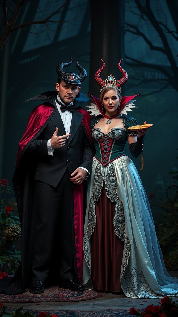 Couple dressed as fairy tale villains, a dark prince and a wicked queen, showcasing stunning costumes