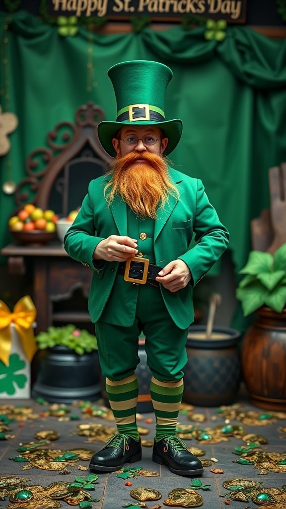 A person dressed in a classic green leprechaun outfit for St. Patrick's Day.