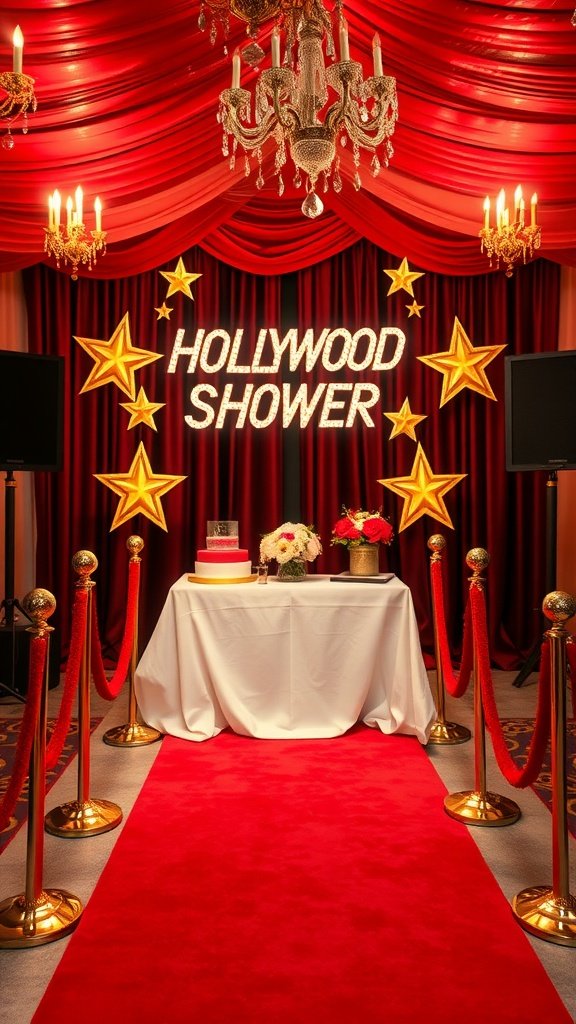 A glamorous Hollywood-themed bridal shower setup featuring a red carpet, golden stanchions, and a decorated table with flowers and cake.