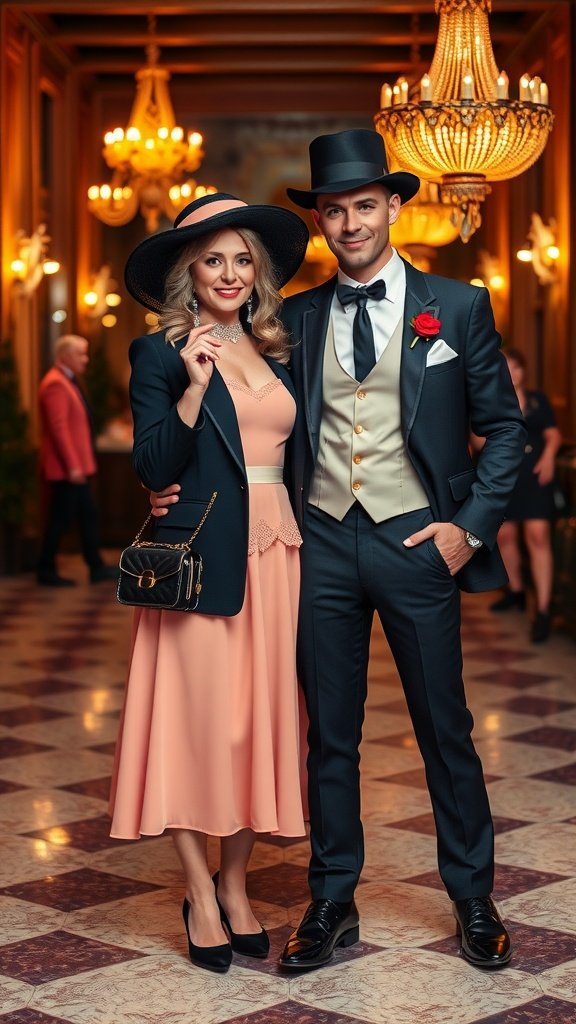 A couple dressed in elegant formal attire, reminiscent of classic movie characters, standing in a glamorous setting.