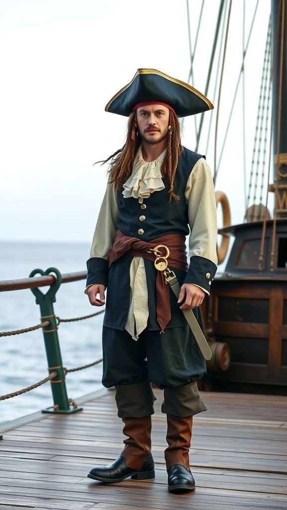 A man dressed in a classic pirate costume standing on a ship deck