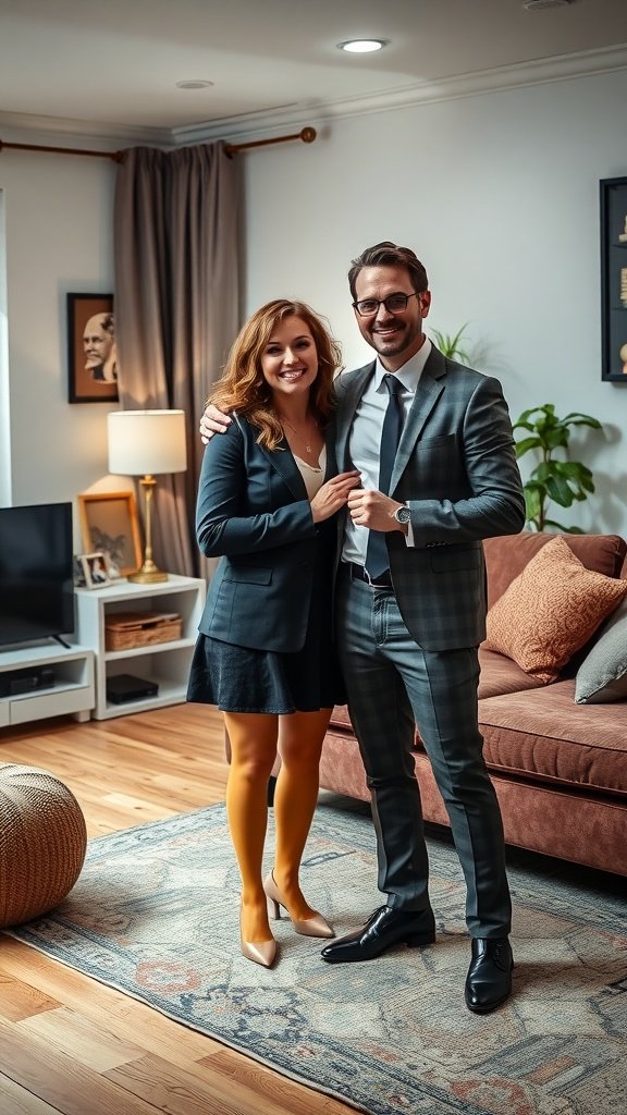 A couple in a living room, dressed as classic TV show characters, smiling and posing together.