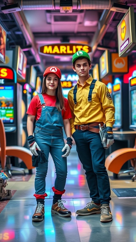 A couple dressed as Mario and Luigi from a classic video game, in a vibrant arcade setting.