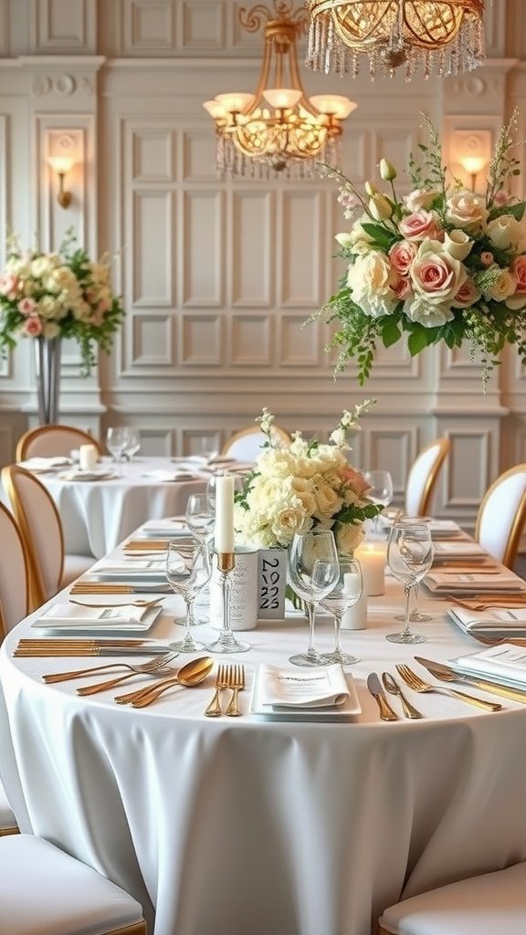 A beautifully set wedding table featuring white tablecloths, gold flatware, and elegant floral arrangements.