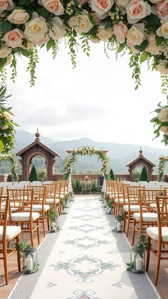 35 Stunning Wedding Wallpaper Ideas to Transform Your Venue An outdoor wedding setup with floral decorations, chairs, and an aisle runner
