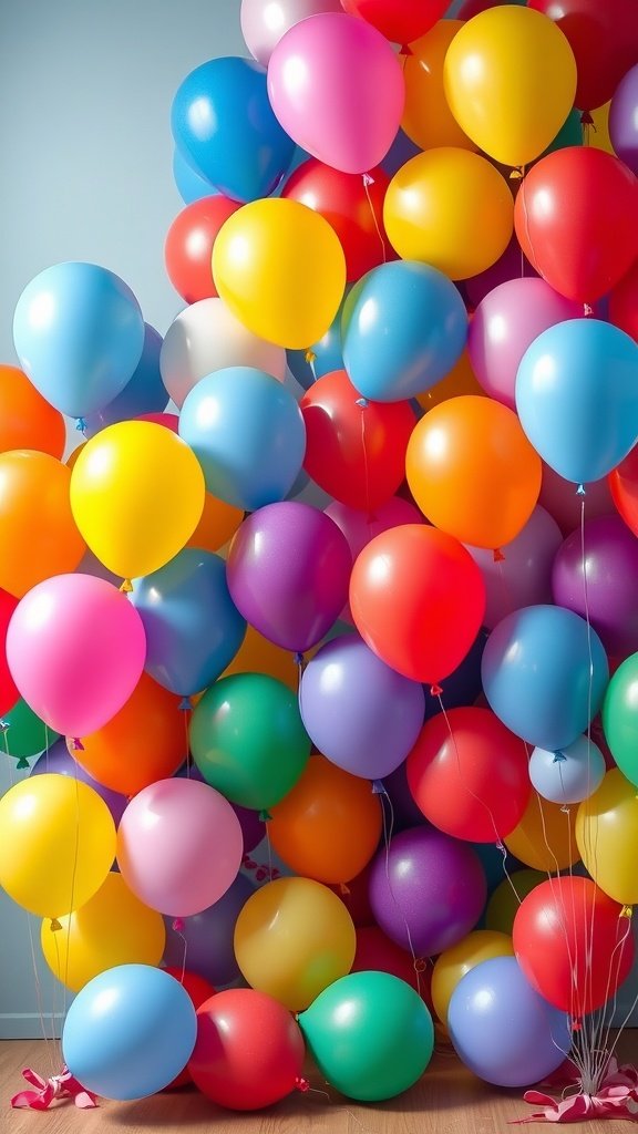 A vibrant collection of colorful balloons in various shades, creating a festive atmosphere.