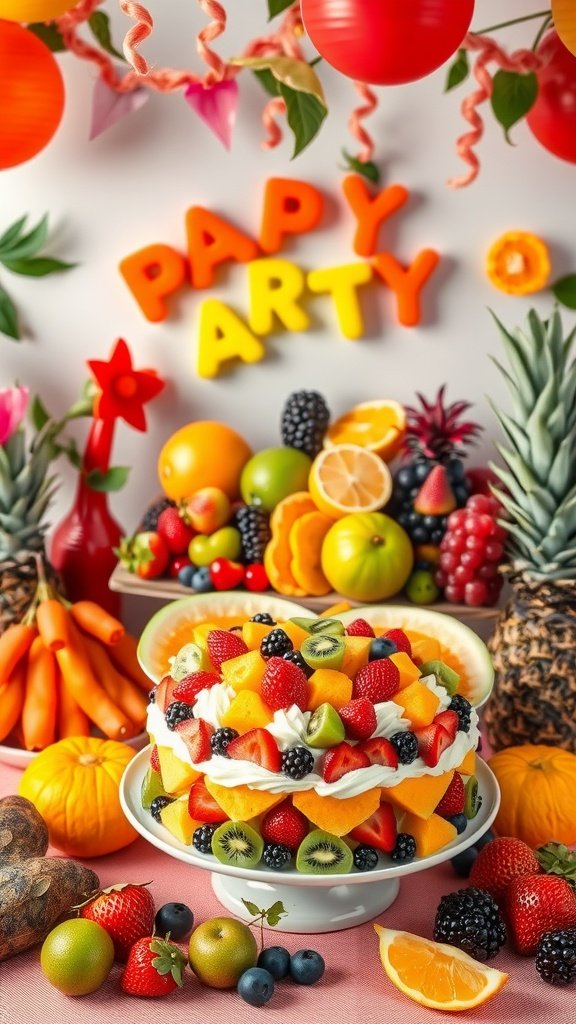 A vibrant display of fruit decorations including a fruit cake surrounded by various fruits and colorful decorations for a birthday party.