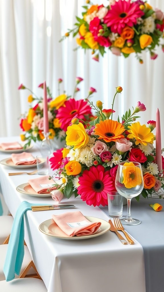 A beautifully arranged wedding table featuring colorful spring flowers in vibrant colors, with elegant table settings.