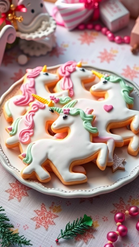A plate of colorful unicorn cookies decorated with icing, perfect for a birthday party.