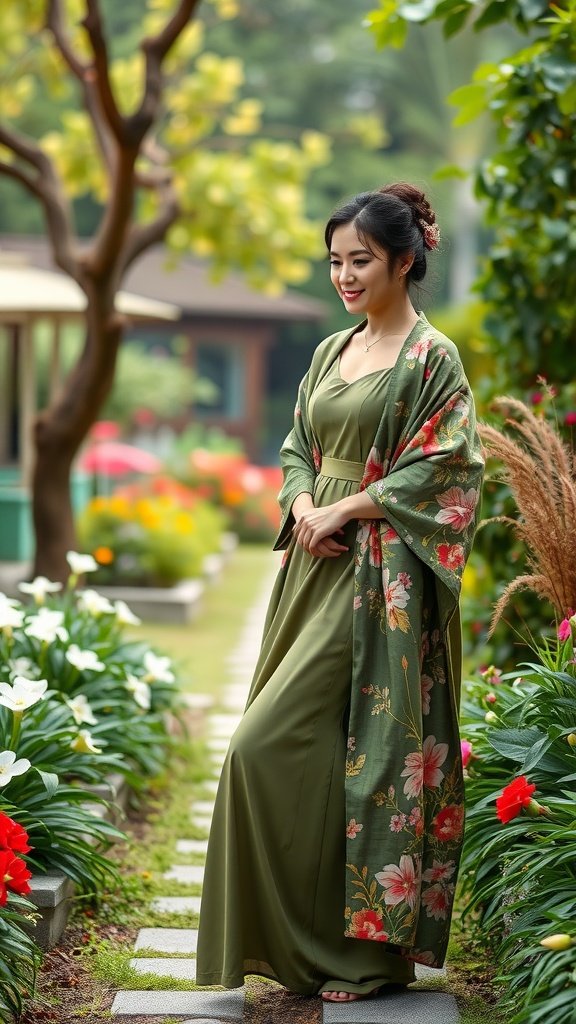 A woman in an olive green dress with a floral kimono, standing in a lush garden.
