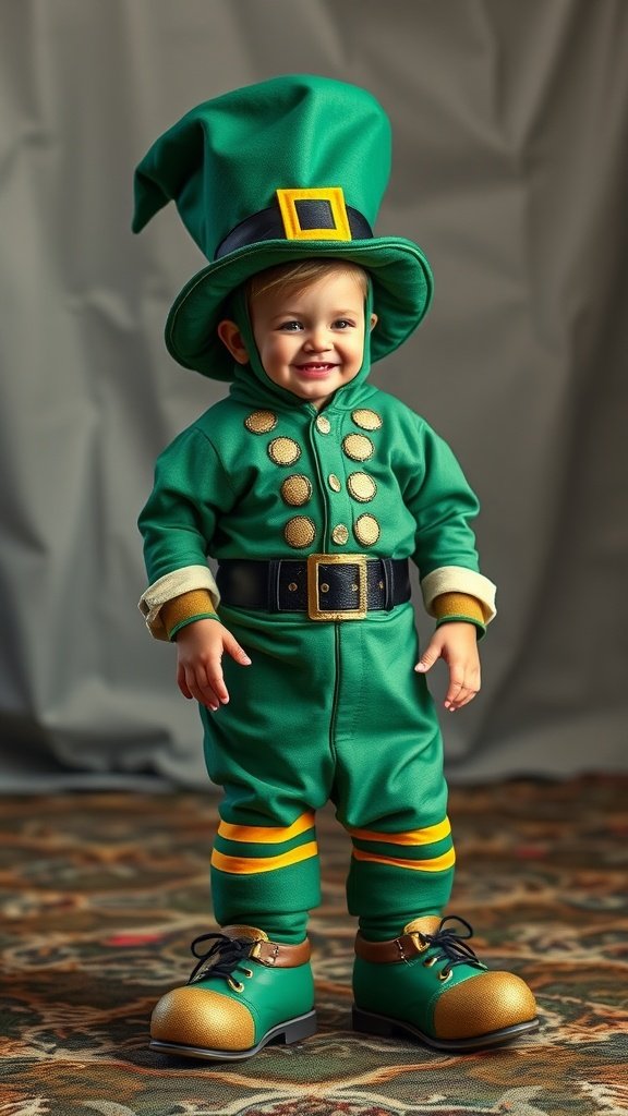 A young child dressed in a green leprechaun costume with a floppy hat and oversized shoes, smiling.