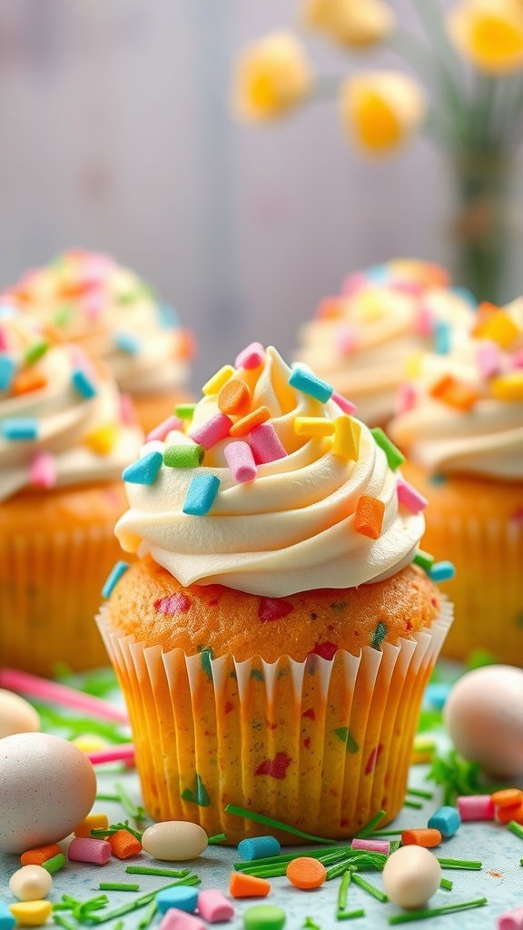 Colorful confetti cupcakes with frosting and sprinkles