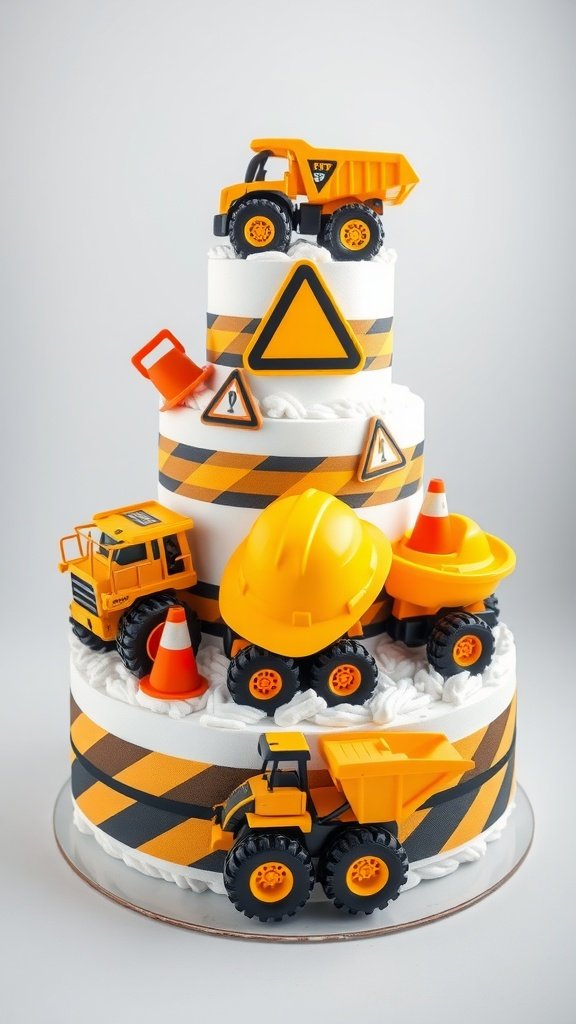A three-tiered diaper cake designed like a construction zone, featuring toy trucks, safety cones, and caution tape.