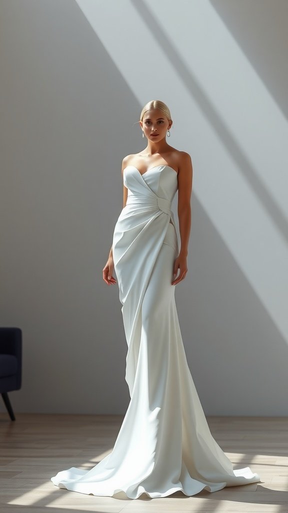 A stunning contemporary asymmetric wedding dress with elegant draping, showcasing a modern design.