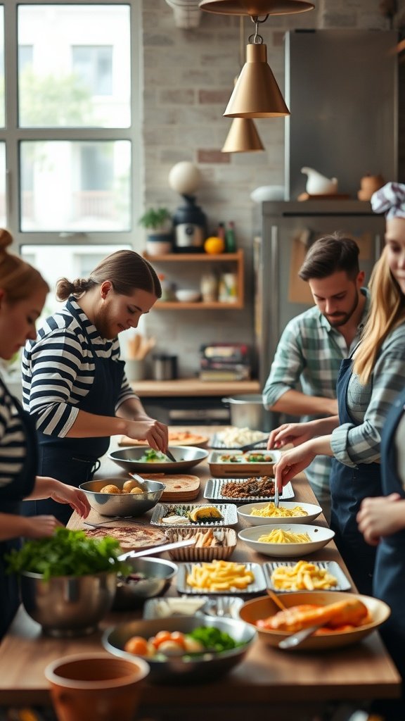 Group of friends cooking together in a kitchen during a bridal shower celebration