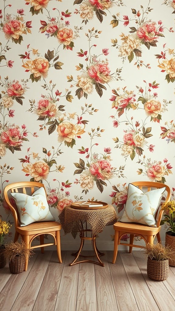35 Stunning Wedding Wallpaper Ideas to Transform Your Venue A cozy cottage-style setting with floral wallpaper, wooden chairs, a small table, and decorative plants.