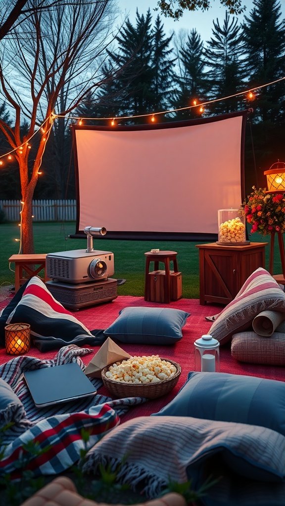 Cozy outdoor movie night setup with pillows, a screen, and popcorn