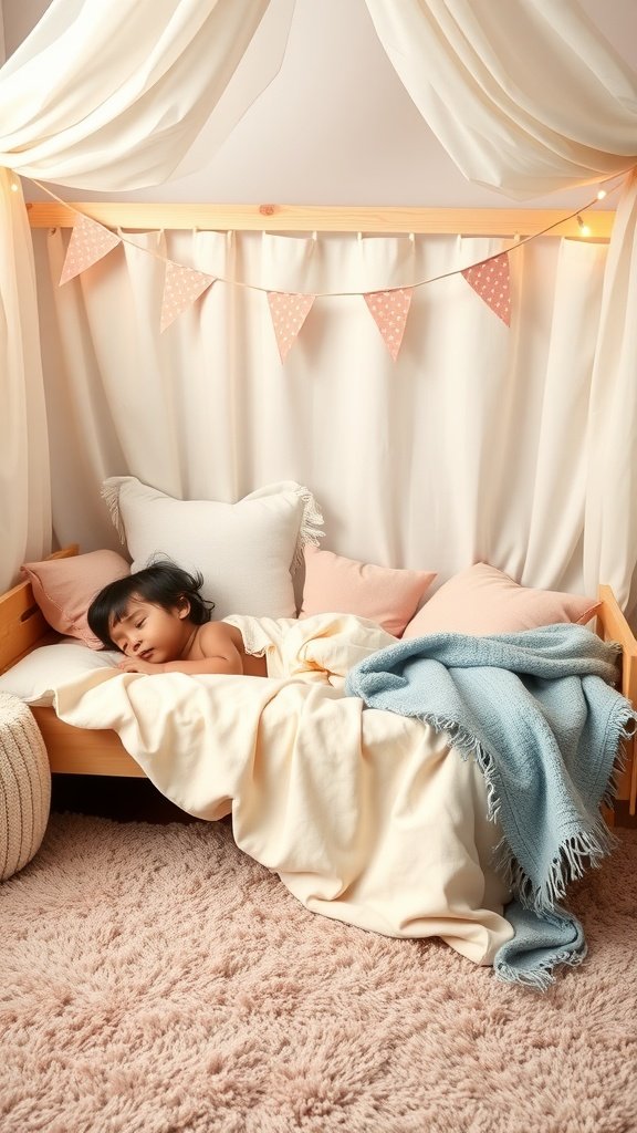 A young child peacefully sleeping on a cozy bed surrounded by pillows and blankets, with soft lighting and decorations.