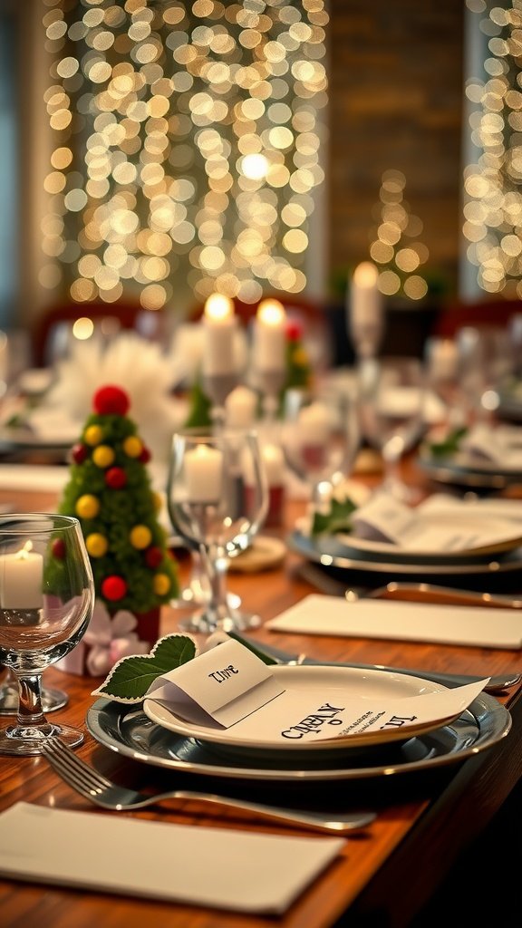 A beautifully arranged table with personalized place settings, featuring name cards, candles, and decorative centerpieces.