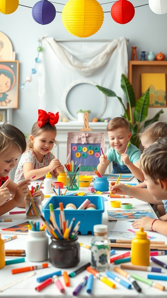 Children at a birthday party engaging in arts and crafts activities