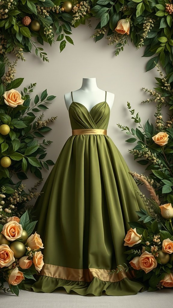 A beautiful olive green dress displayed among lush foliage and soft peach roses, ideal for a wedding outfit.