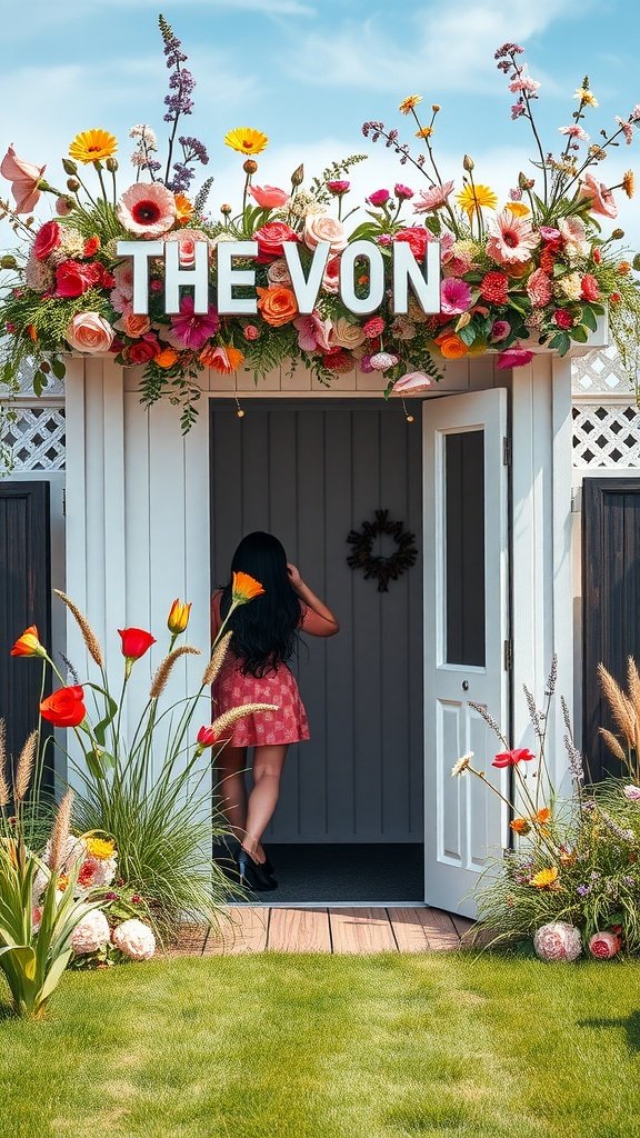 A photo booth decorated with bright wildflowers and a welcoming sign