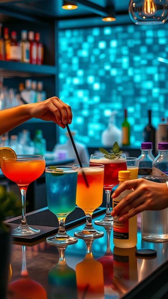 A variety of colorful cocktails being prepared at a bar, showcasing vibrant drinks with garnishes.