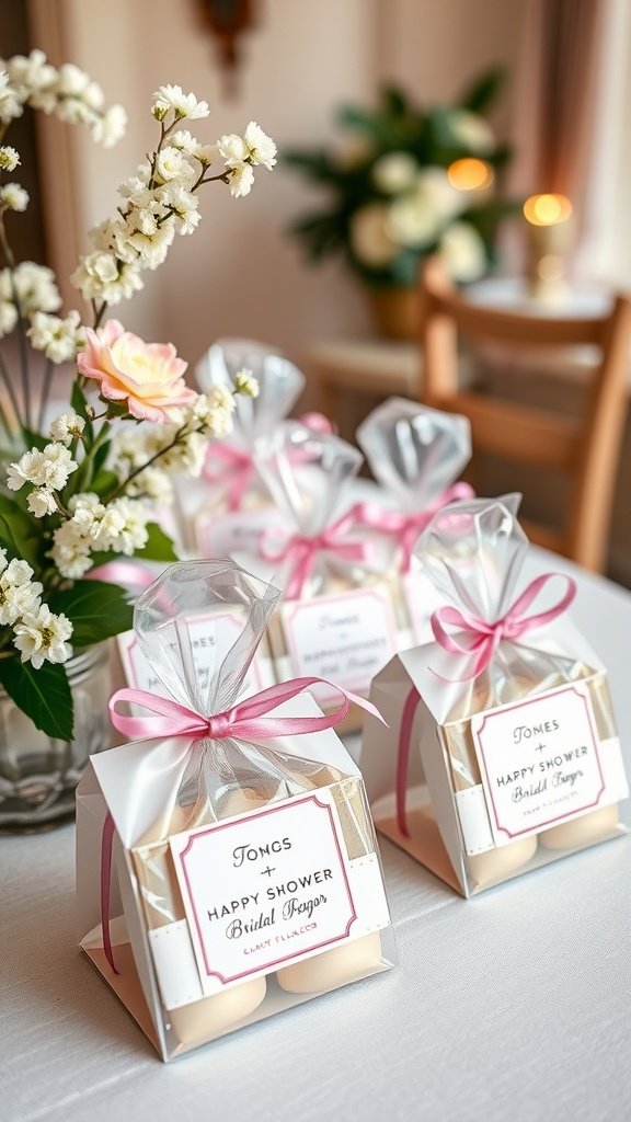 Table with beautifully packaged bridal shower favors in clear boxes tied with pink ribbons.