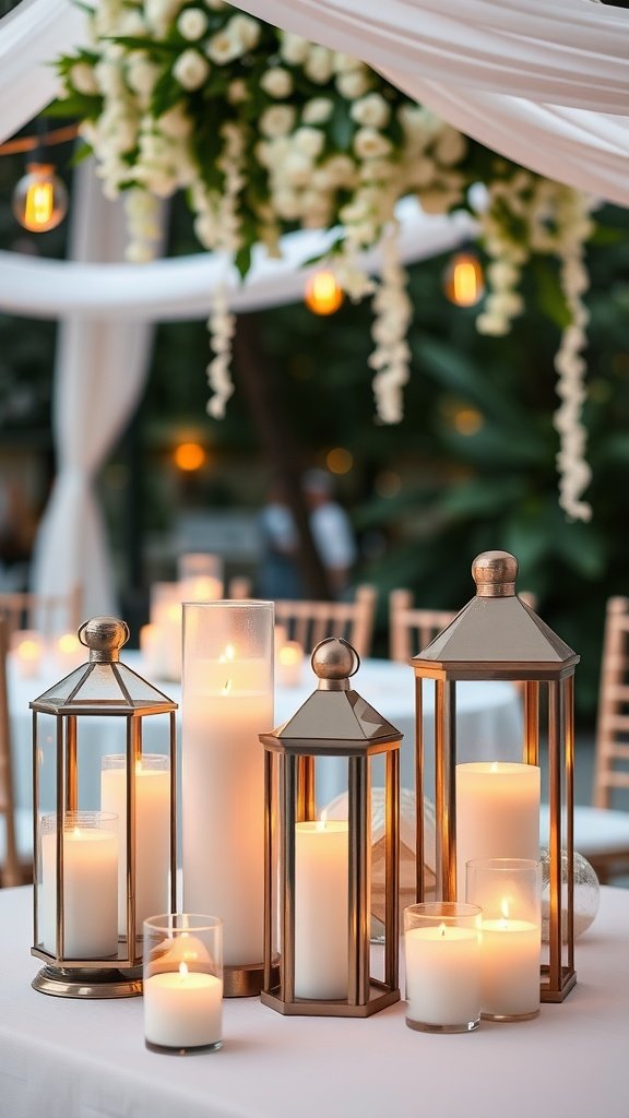 Beautiful candle lanterns and floating candles on a table, creating a warm and inviting atmosphere.