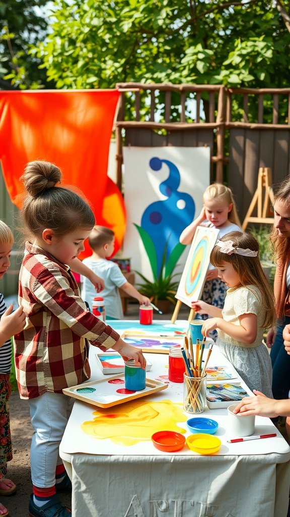 Children engaged in painting activities at an outdoor art station for a birthday party.