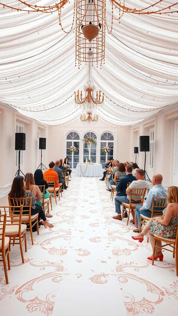 Elegant seating arrangement for a bridal shower with decorated chairs and a stylish ceiling.