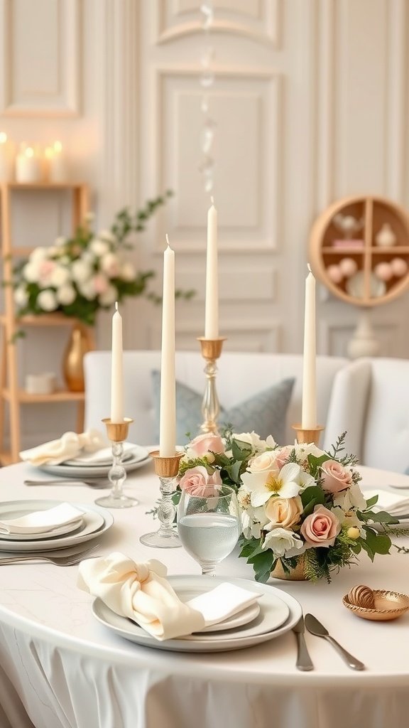 Elegant table setting for a bridal shower with candles and floral centerpiece.