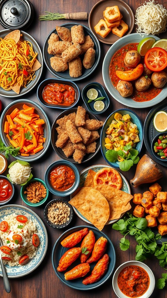 A colorful spread of various cultural dishes, including snacks, curries, and desserts.