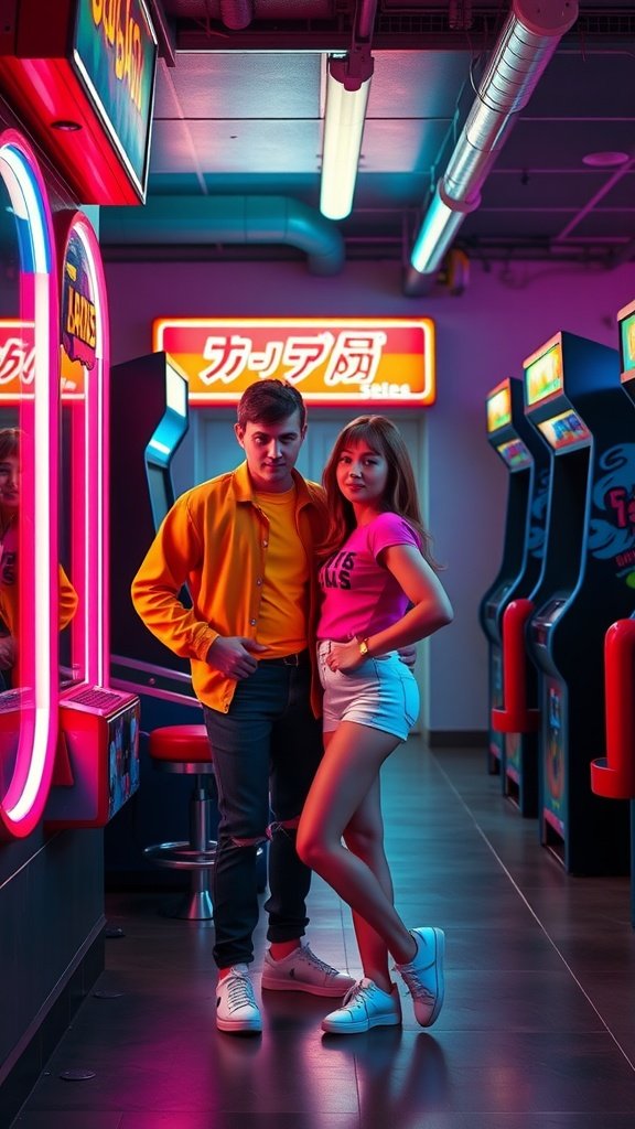 A couple in 80s inspired outfits posing in front of arcade machines with neon lights.