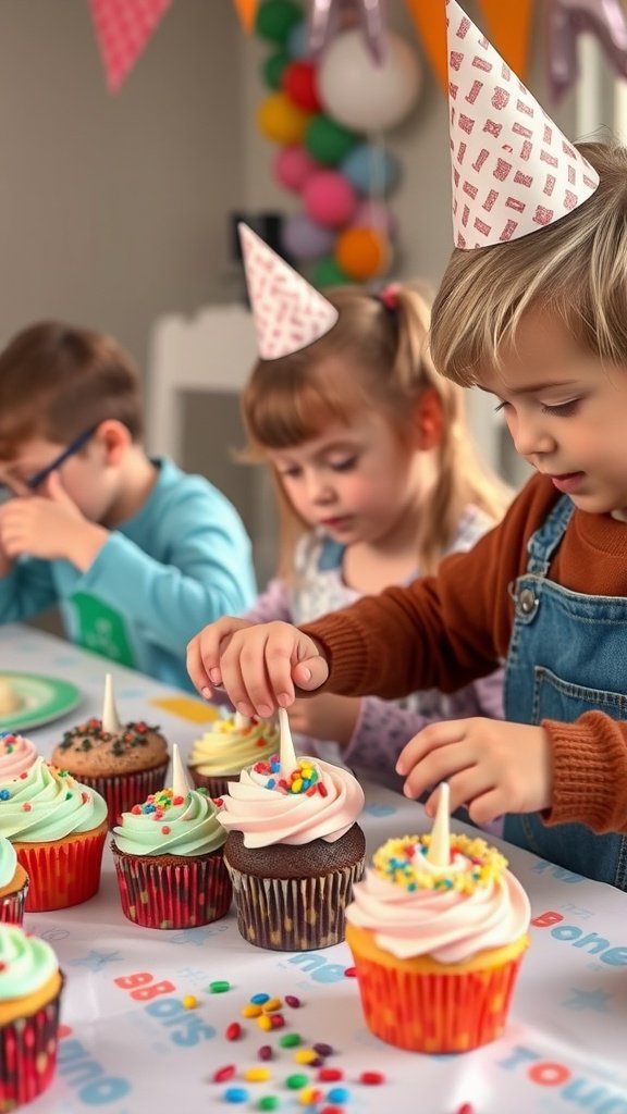 Kids decorating cupcakes at a birthday party activity