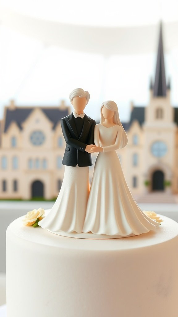 Customized cake topper featuring a bride and groom on a wedding cake
