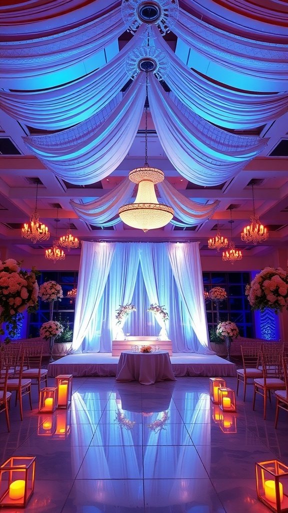 A beautifully lit wedding venue with blue and orange lights, draped fabric, a chandelier, and floral arrangements.