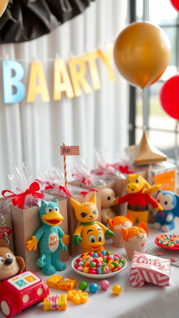 Colorful birthday party setup with customized party favors, toys, and candies