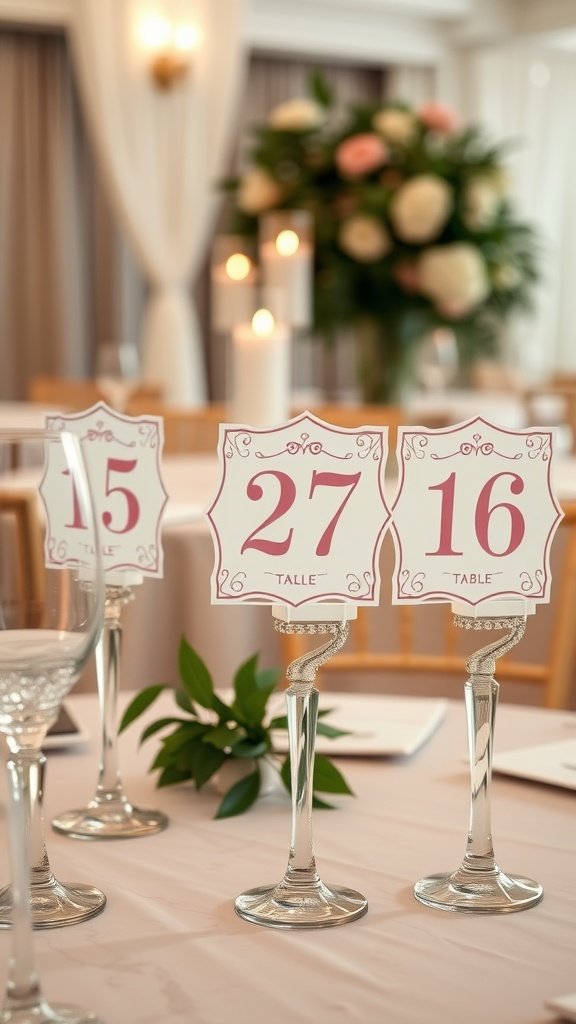 Elegant customized table numbers displayed on a table for a bridal shower.