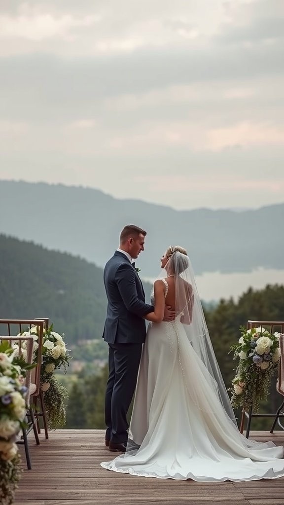 35 Stunning Wedding Wallpaper Ideas to Transform Your Venue A couple exchanging vows with a scenic mountain backdrop, adorned with floral arrangements.
