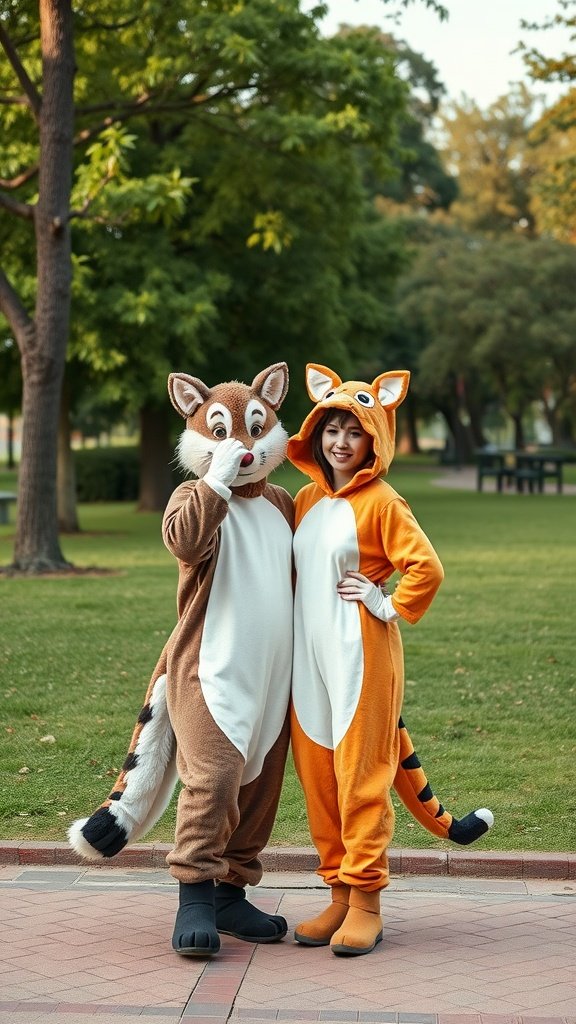Couple wearing cute animal costumes in a park
