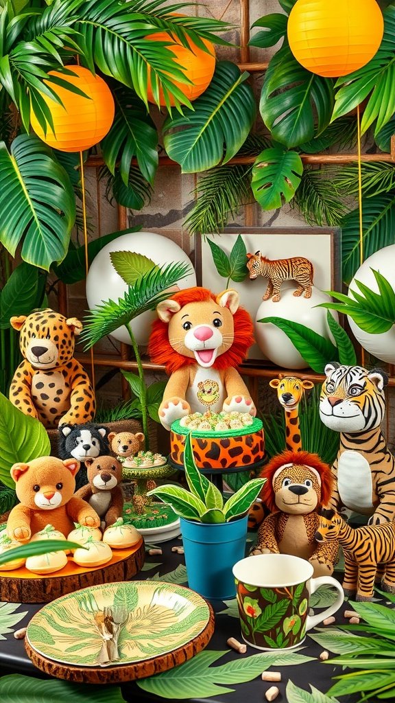 A vibrant birthday party setup featuring plush animals and jungle-themed decorations.
