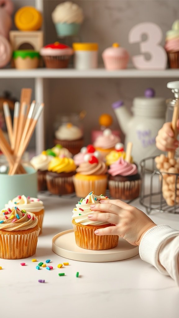 Colorful cupcake decorating station with various toppings and cupcakes.