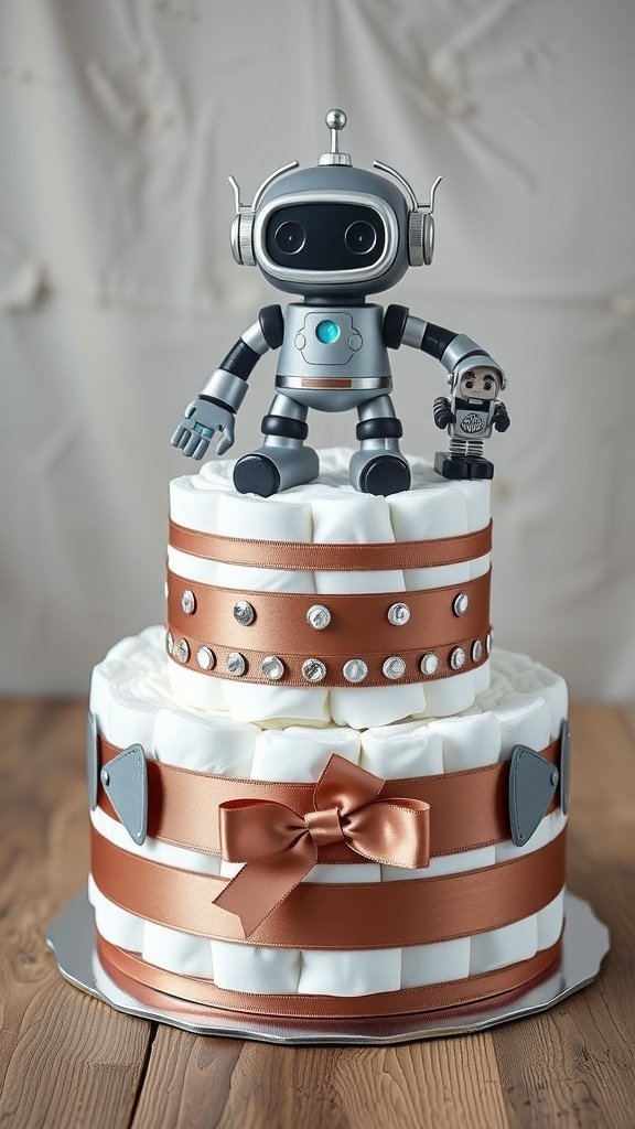 A two-tier diaper cake decorated with a cute robot figure and copper ribbon.
