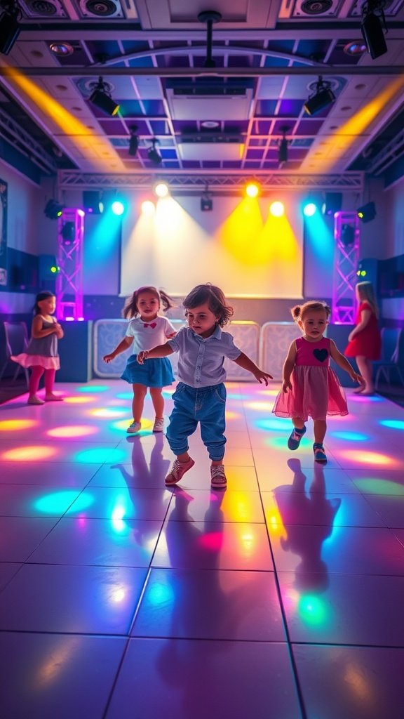 Children dancing on a colorful dance floor with bright lights at a birthday party.