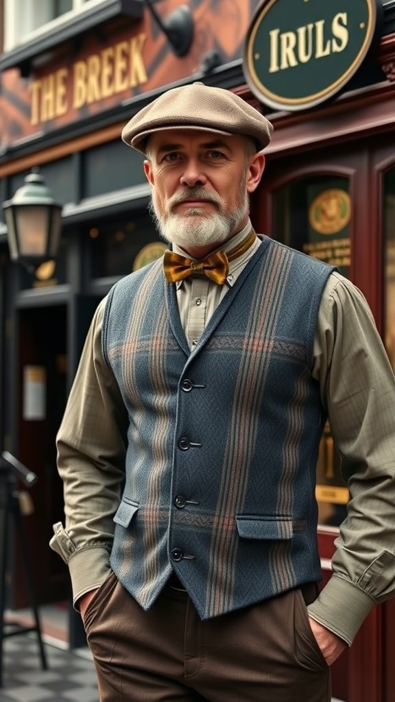 A dapper Irish gentleman wearing a stylish vest and flat cap, standing in front of a pub.