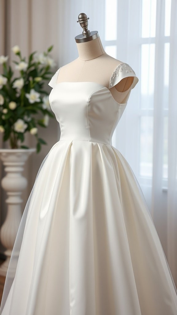 A romantic wedding dress featuring delicate cap sleeves, showcasing a smooth, flowing design.