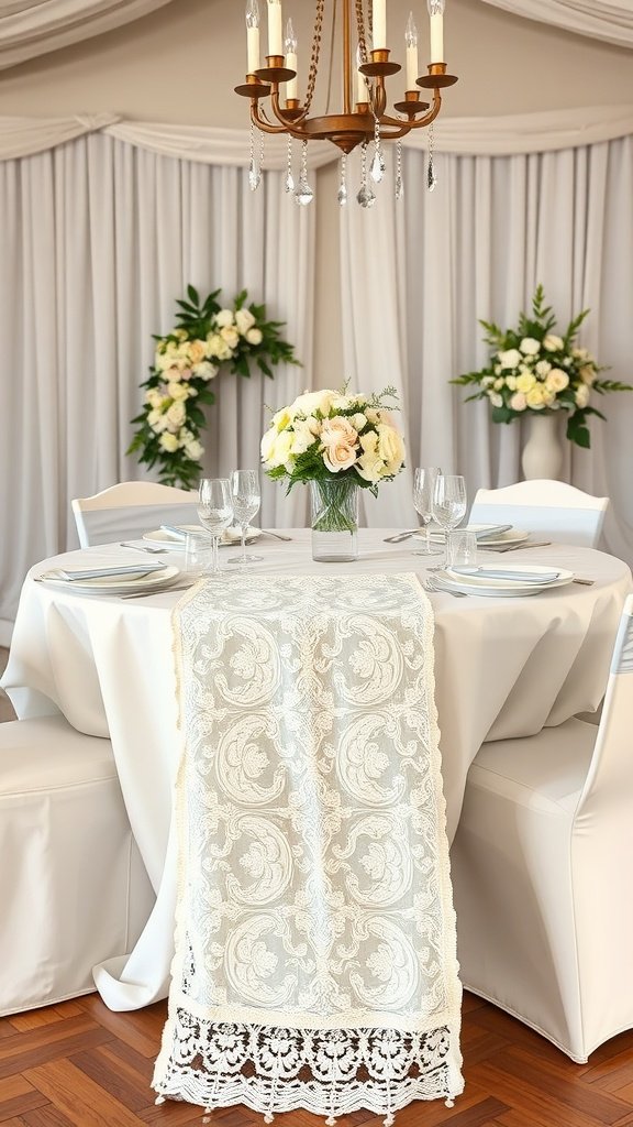 A beautifully set table with a delicate lace runner, floral centerpiece, and elegant glassware, all contributing to a romantic wedding decor.