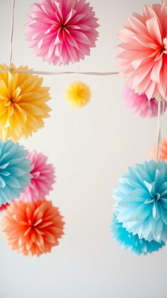 Colorful tissue paper pom poms hanging from a ceiling in various colors
